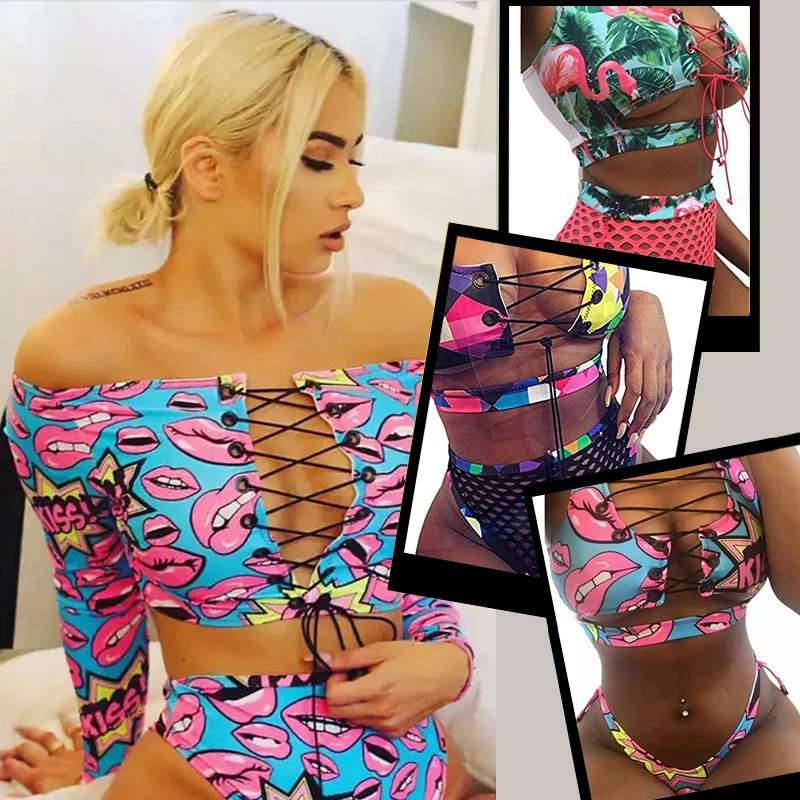 

JSN02 New Fashion Geometric African Printed Two Piece High Waist Bikini Set Mesh Swimwear Women Thong Brazilian Bikinis