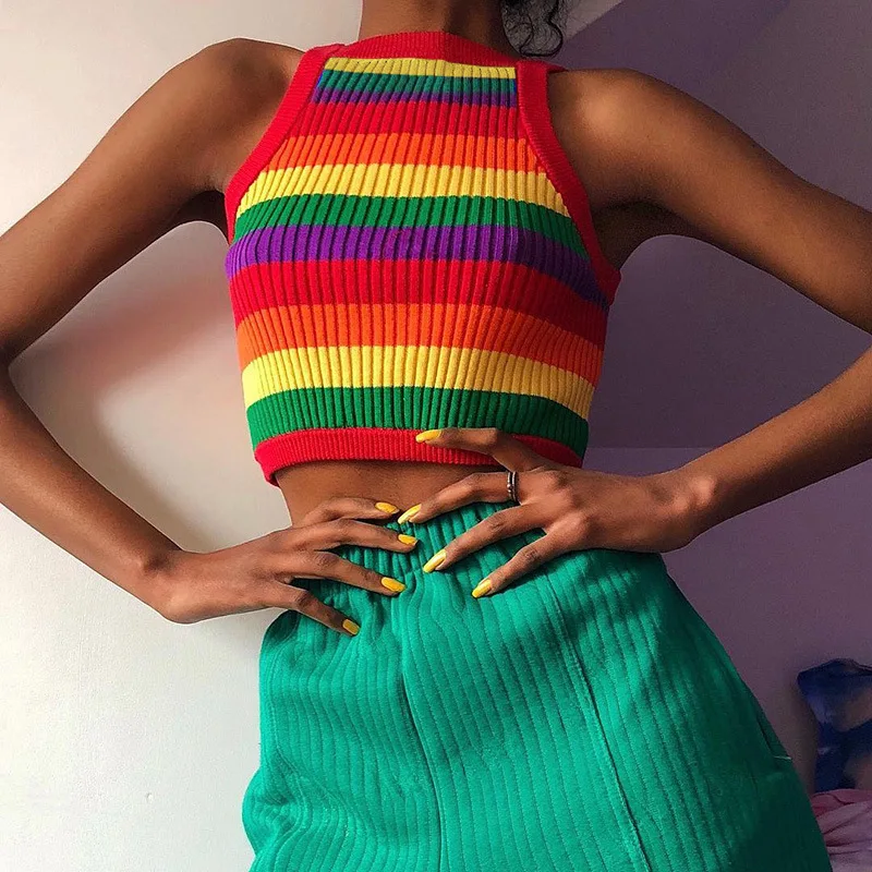 wholesale square neck summer sleeveless women sweater tank top ladies Colorful striped navel sexy rainbow crop tops
wholesale square neck summer sleeveless women sweater tank top ladies Colorful striped navel sexy rainbow crop tops