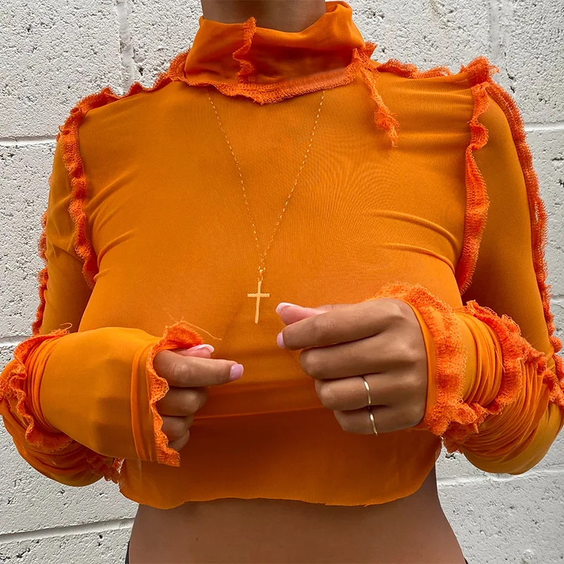 High Quality Cute Vintage Sheer Mesh Long Sleeve Turtleneck Contrast Crop T-shirts Blouses Tops For Women, 2colors in stock
High Quality Cute Vintage Sheer Mesh Long Sleeve Turtleneck Contrast Crop T-shirts Blouses Tops For Women, 2colors in stock