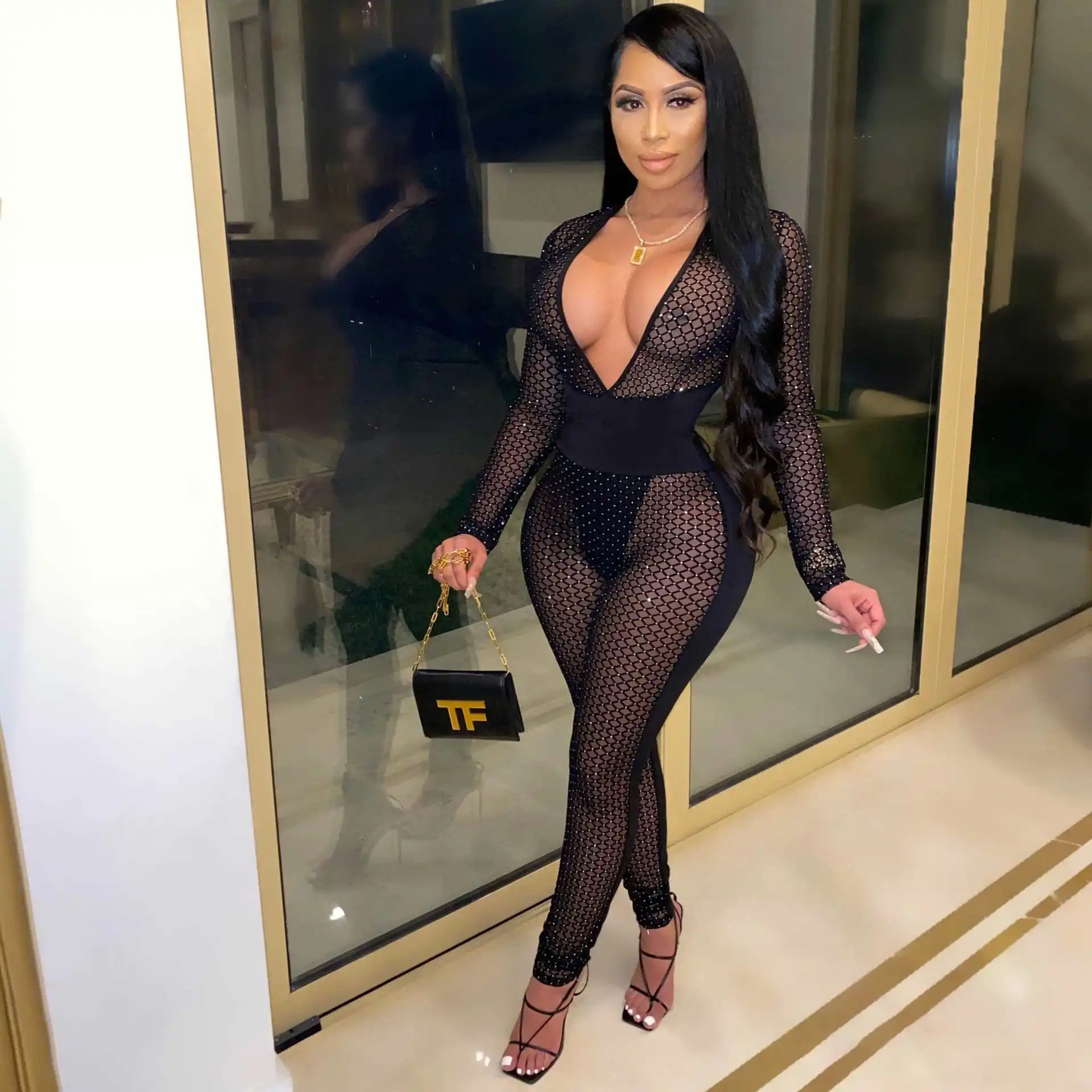Glitter diamoand Fishnet Mesh Jumposuit Women Sexy Deep V Neck Bodycon Rompers Female Club Party Wear Outfits 2021 New Arriavals, Black
Glitter diamoand Fishnet Mesh Jumposuit Women Sexy Deep V Neck Bodycon Rompers Female Club Party Wear Outfits 2021 New Arriavals, Black