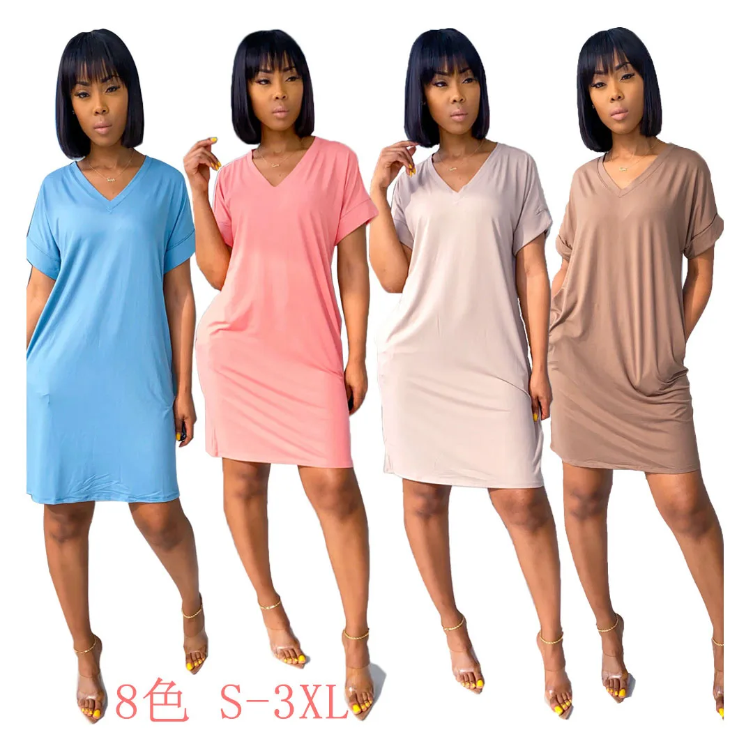 cheap v neck short sleeve women lady elegant summer casual tshirt dresses with pockets, As pictures showed
cheap v neck short sleeve women lady elegant summer casual tshirt dresses with pockets, As pictures showed