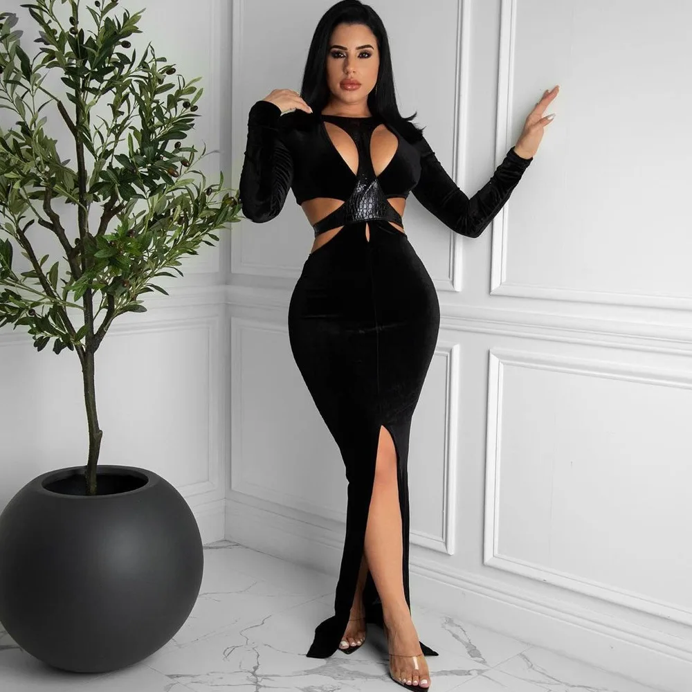 Latest Design Solid Color Long Sleeve Hollow Out Leather Sexy Maxi Bodycon Dress Party Stain high split Woman Casual Dress
Latest Design Solid Color Long Sleeve Hollow Out Leather Sexy Maxi Bodycon Dress Party Stain high split Woman Casual Dress