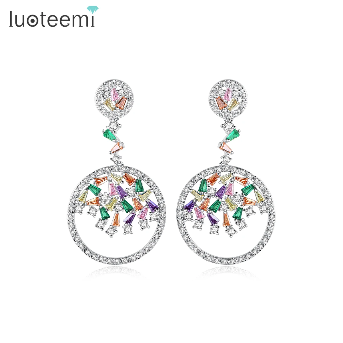 

LUOTEEMI Wholesale Rhodium Plated Luxury Artificial Multi CZ Diamond Dangle Earrings Women Wedding Jewelry