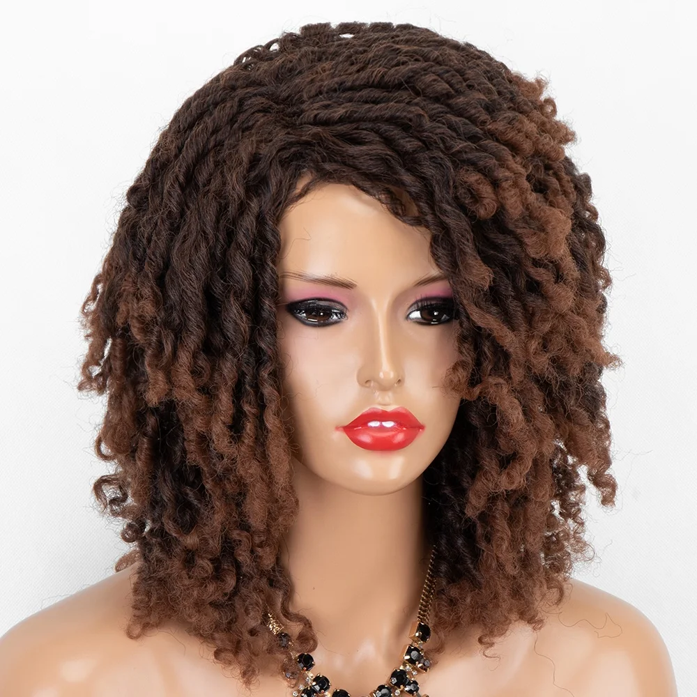 

Aliblisswig Ombre Dark Brown Soft Goddess Faux Loc Hair Short Afro Curly Synthetic Dreadlock Braided Wig For African Black Women, 2 tone ombre dark brown bob locs wigs