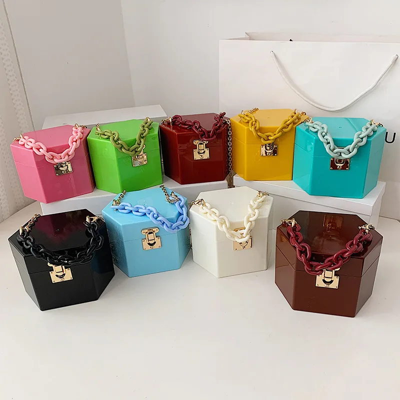 

2021 Day Clutch Thick Acrylic Chains Lock Purse Bag Women Hexagon PVC Box Shoulder Bag 2021 Mini Dinner Party Totes Handbag, As the picture shows