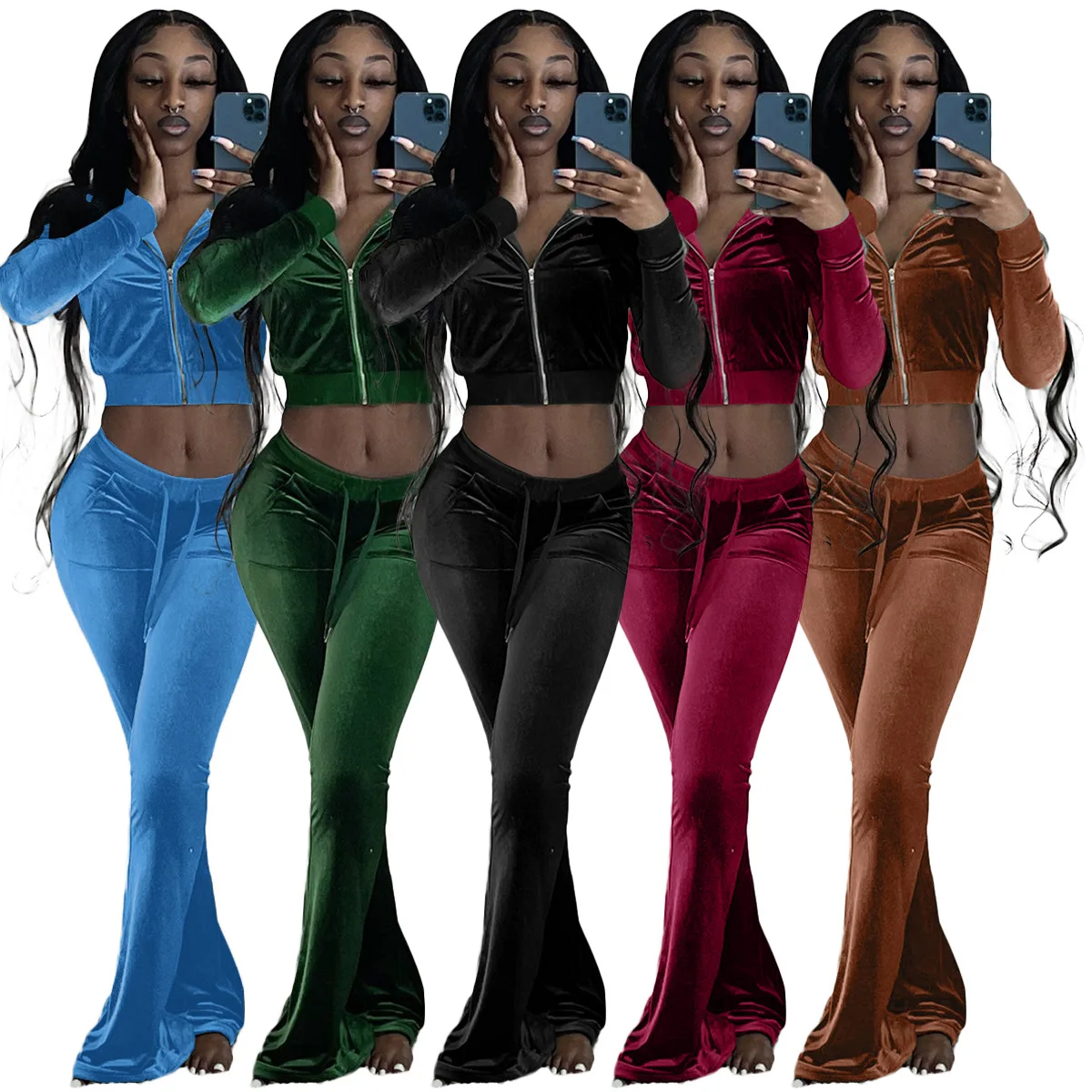 New Arrival 2021 Women Suits Flare Pants Low Cut Long Sleeve Velvet Tracksuit Jogging Suit Velour Sweatsuit Women
New Arrival 2021 Women Suits Flare Pants Low Cut Long Sleeve Velvet Tracksuit Jogging Suit Velour Sweatsuit Women