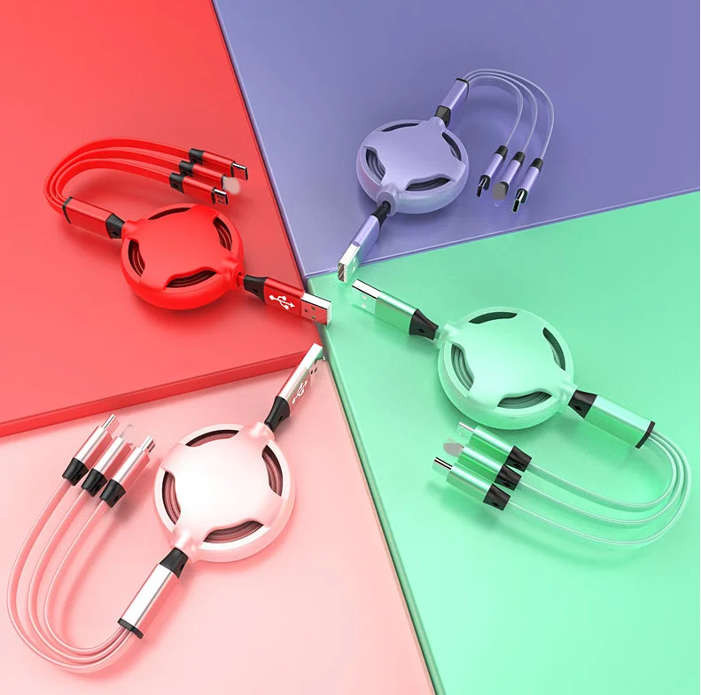 

3 in 1 USB Retractable Fast Charging Cable Multiple Quick Charger Cord Adapter Wire Type C Micro USB 8PIN for Mobile