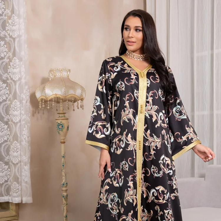 

Middle East Dubai Abaya Ramadan Islamic Muslim Women Flower Printing Abaya Long Robe Dress Jalabiya Kaftan Caftan Gown Jalaba