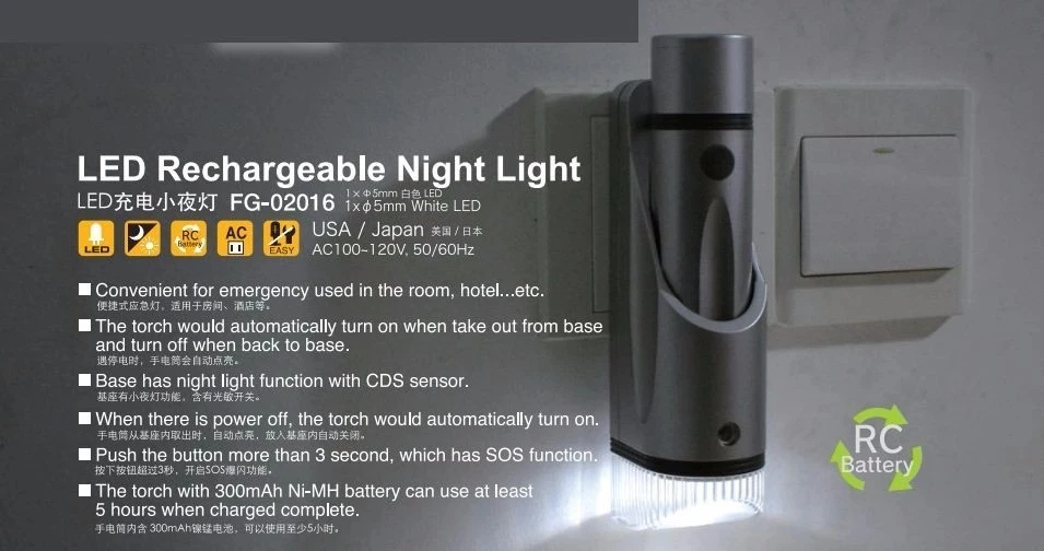 Factory Directly Selling 3-in-1 Wireless Rechargeable Torch EU US AU UK Plug Automatic Base Night Light