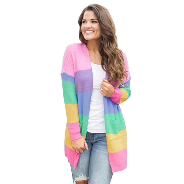 Latest Rainbow Color Striped Winter Women Sweater Long Sleeve Knitted Cardigan Ladies Sweater Coat, Picture
Latest Rainbow Color Striped Winter Women Sweater Long Sleeve Knitted Cardigan Ladies Sweater Coat, Picture