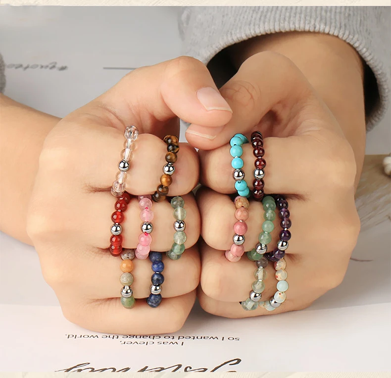 

Fashion Natural Healing Stones Jewelry 4MM Elastic Beads Garnet Labradorite Lucky Rings Jewelry Women