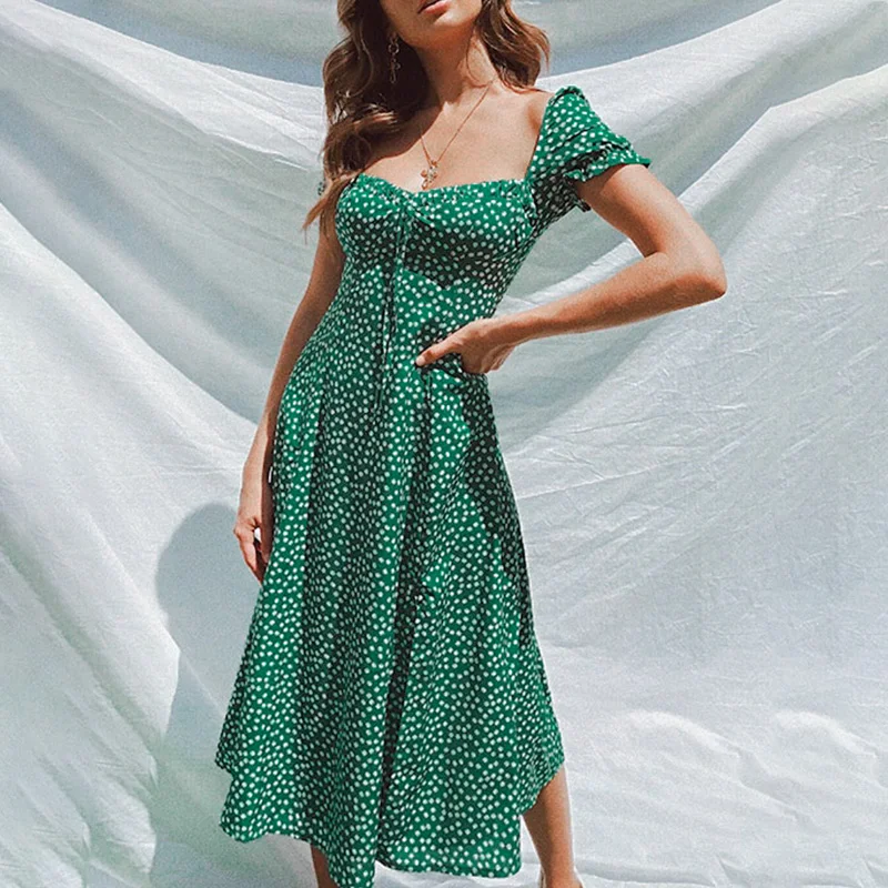 Casual Chiffon Green Ruched Retro Floral Sleeve Split Women Korean Dresses Dot Printed Short
Casual Chiffon Green Ruched Retro Floral Sleeve Split Women Korean Dresses Dot Printed Short