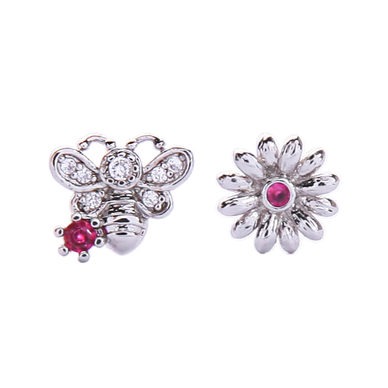 

me99348 Korean Version Of Lovely Red Zircon Studded Small Bee Flower Silver Plating Fashion Earrings Trend 2021
