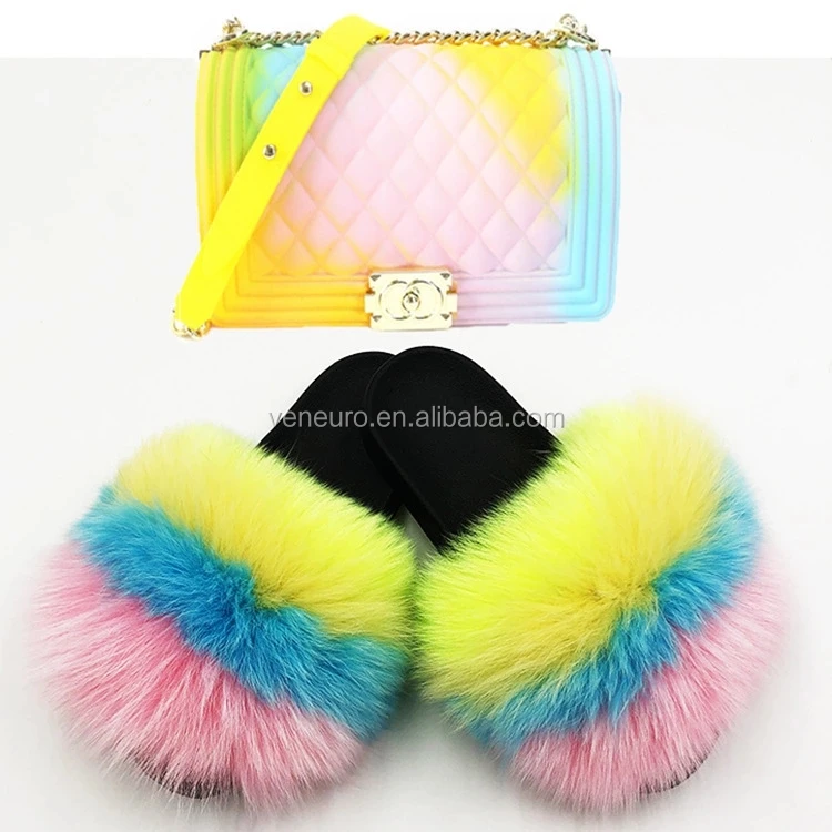 Furry sandals rainbow lime green slides set real fox wholesale jelly purse and matching fur slides women fluffy slippers, Customized color
Furry sandals rainbow lime green slides set real fox wholesale jelly purse and matching fur slides women fluffy slippers, Customized color