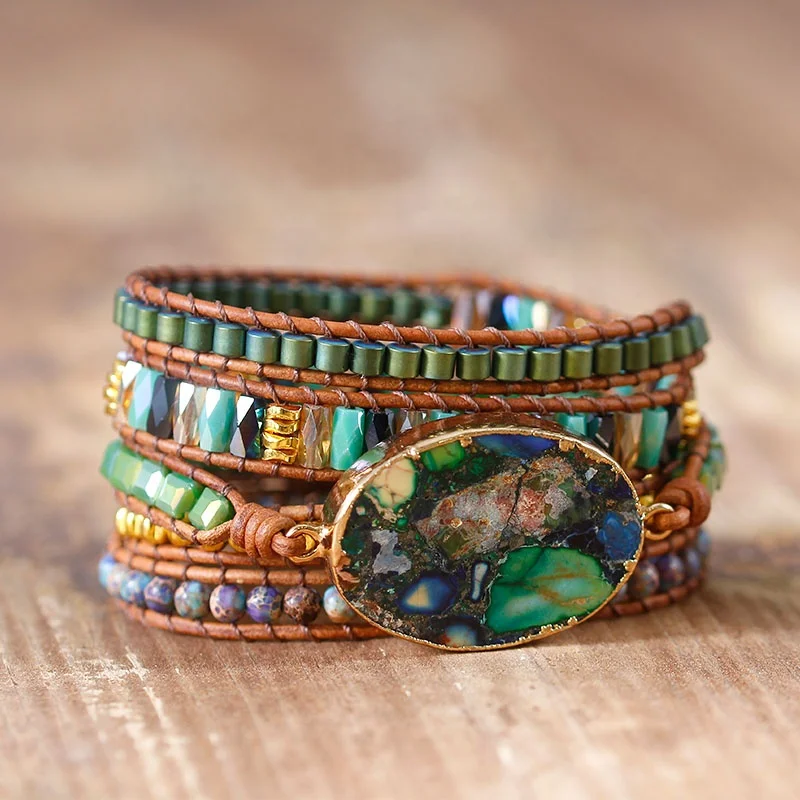 Handmade green bead wrap bracelet Bohemian leather bead bracelet with natural stone pendant center Classic jewelry Dropshipping
Handmade green bead wrap bracelet Bohemian leather bead bracelet with natural stone pendant center Classic jewelry Dropshipping
