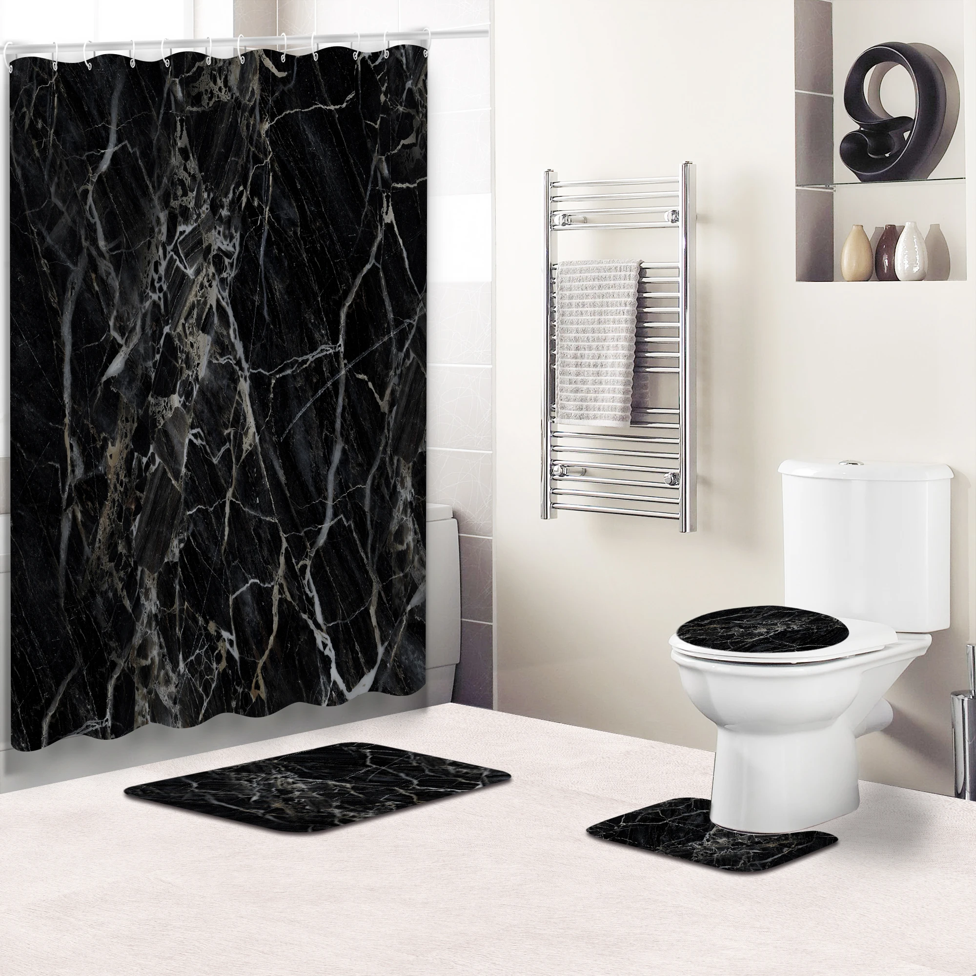 Digital Printed Black Marble Polyester Custom Bathroom Sets With Shower Curtain And Rugs Sets 4 Pieces
Digital Printed Black Marble Polyester Custom Bathroom Sets With Shower Curtain And Rugs Sets 4 Pieces