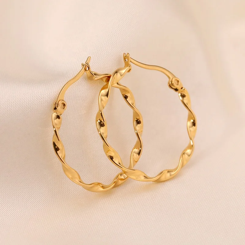 

Simple CHIC Women's Jewelry Stainless Steel 18K Gold Plated Polished Twist Twisted Rope Hoop Earrings