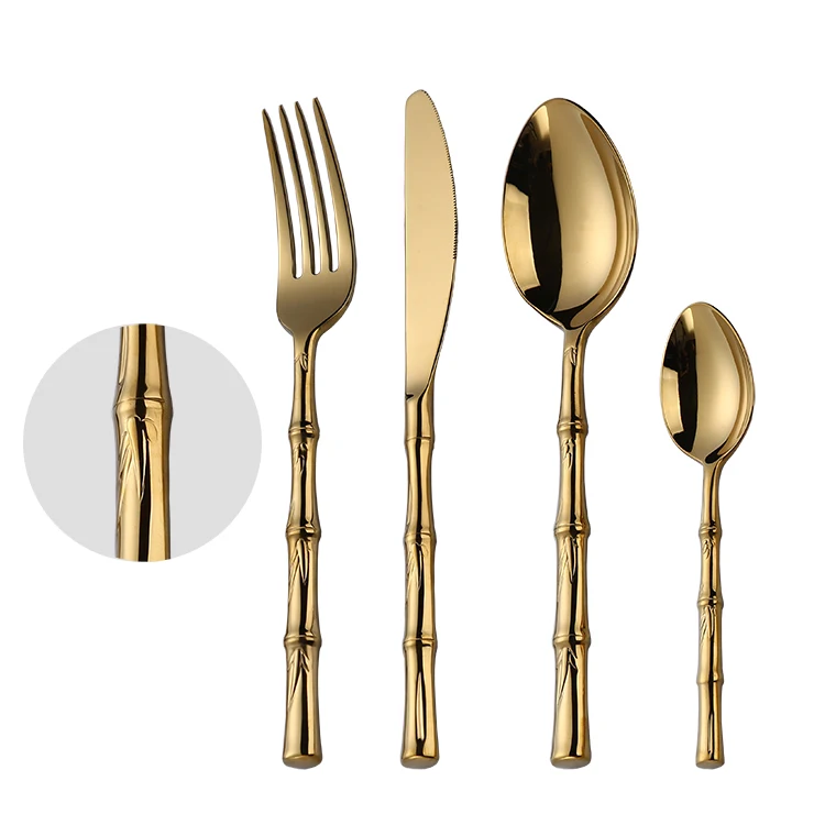 Reusable Bamboo Shaped Handle Golden Flatware Spoon and Fork Stainless Steel Cutlery set, Silver, gold
Reusable Bamboo Shaped Handle Golden Flatware Spoon and Fork Stainless Steel Cutlery set, Silver, gold