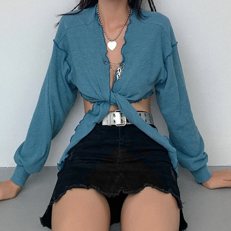 European and American style summer women's new style long sleeves V-neck tie cardigan wooden ears navel all-match T-shirt
European and American style summer women's new style long sleeves V-neck tie cardigan wooden ears navel all-match T-shirt