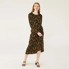 Long Mid Irregular Tunic Floral Round Neck Long Sleeve Mid Calf Vintage Dress