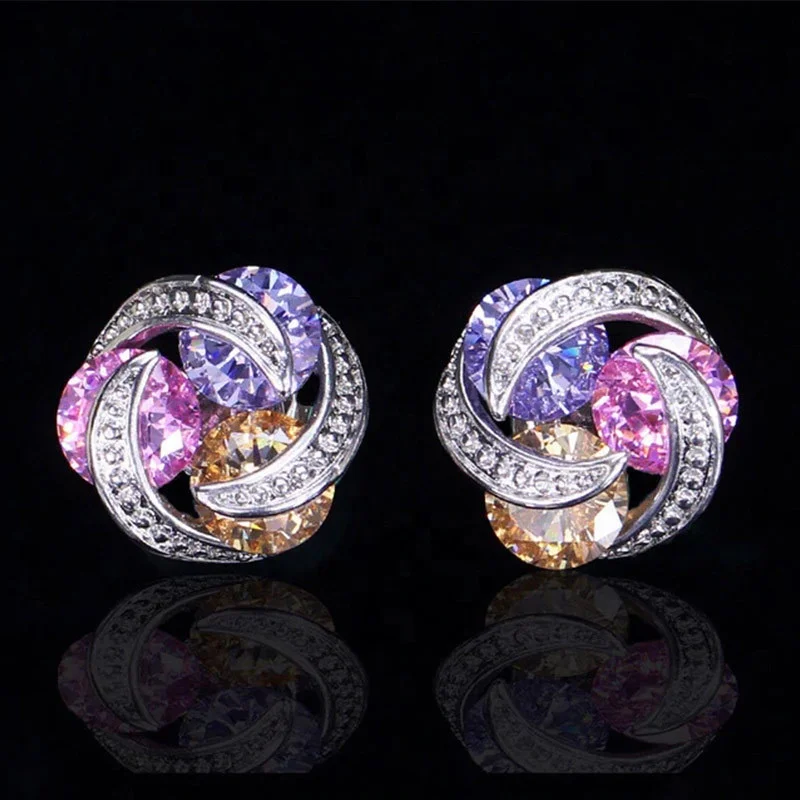 New Korean Fashion Jewellery Purple Pink Champagne 3 Round Multicolor CZ Crystal Stud Earrings for Women 
New Korean Fashion Jewellery Purple Pink Champagne 3 Round Multicolor CZ Crystal Stud Earrings for Women
