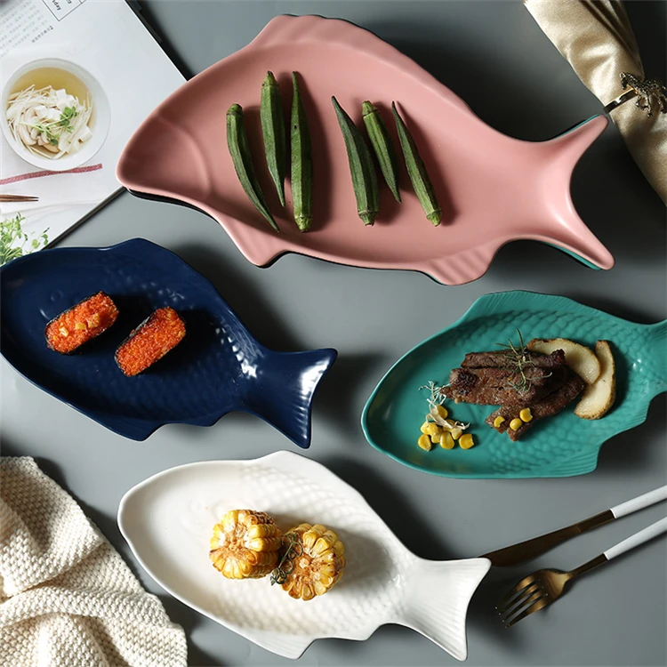 Multiple color unique design fish shape ceramic dinner plate for restaurant, Customized color
Multiple color unique design fish shape ceramic dinner plate for restaurant, Customized color