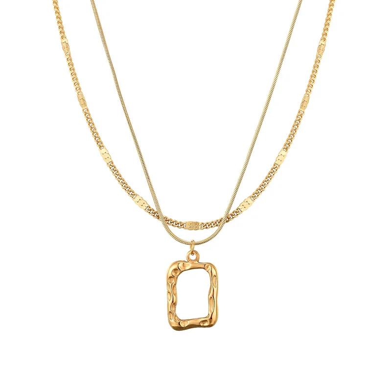 

Fashion double layered tin foil square gold stainless steel jewelry women necklace