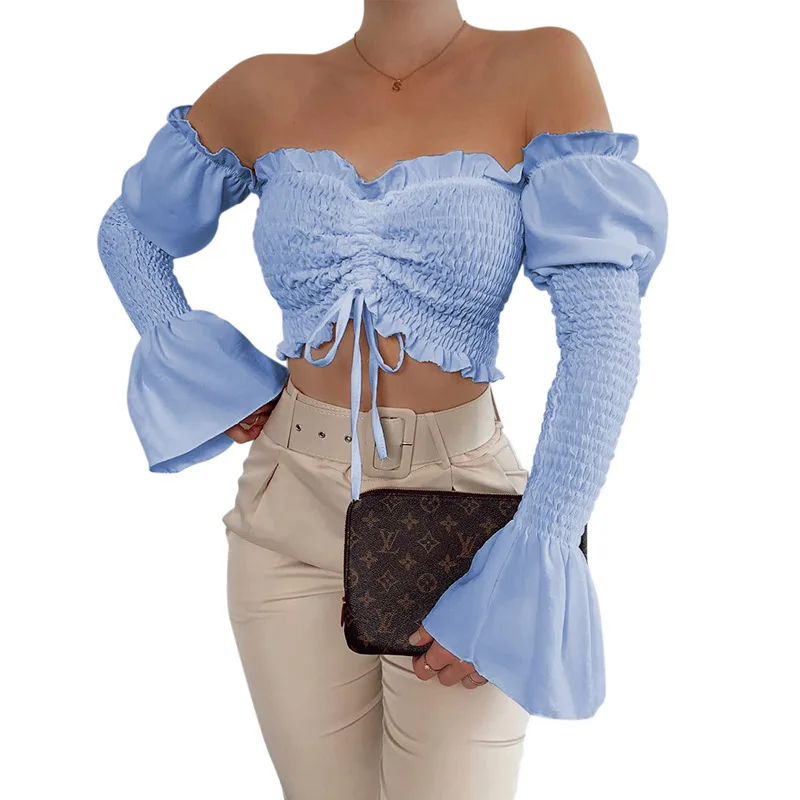 2021 hot sale summer Elastic Flare long Sleeve women's fashion crop top sexy one-shoulder blouse
2021 hot sale summer Elastic Flare long Sleeve women's fashion crop top sexy one-shoulder blouse