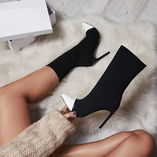 Plus size pointed elastic women's boots black and white high heel boots women
Plus size pointed elastic women's boots black and white high heel boots women
