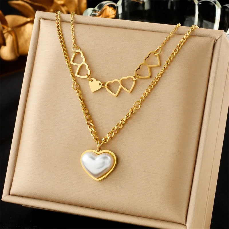 2023 New Fashion 18K Gold Plated Non Tarnish Stainless Steel Double Layers Pearl Heart Necklace For Women
2023 New Fashion 18K Gold Plated Non Tarnish Stainless Steel Double Layers Pearl Heart Necklace For Women