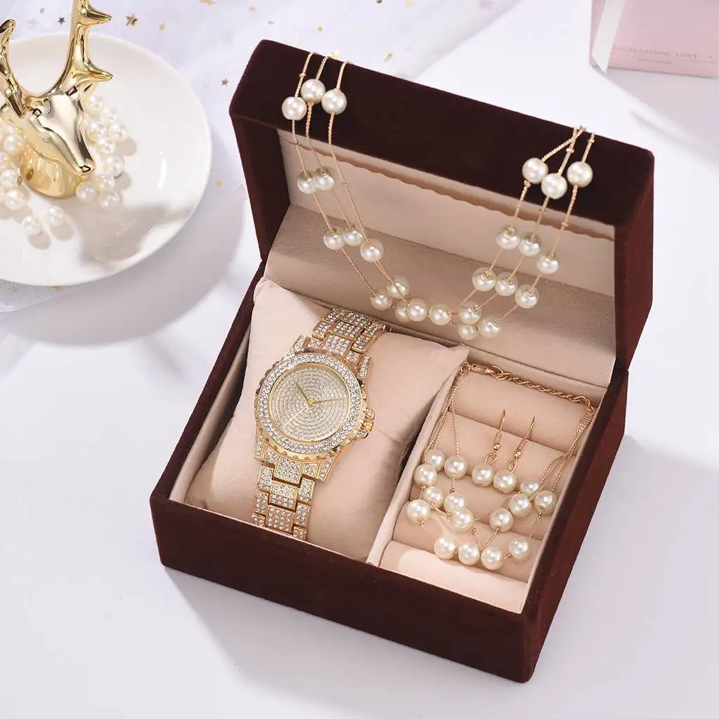 Hot sale luxury fashion women lady elegant pearl bracelet earrings necklaces diamond steel strap watch for girls, As pic
Hot sale luxury fashion women lady elegant pearl bracelet earrings necklaces diamond steel strap watch for girls, As pic