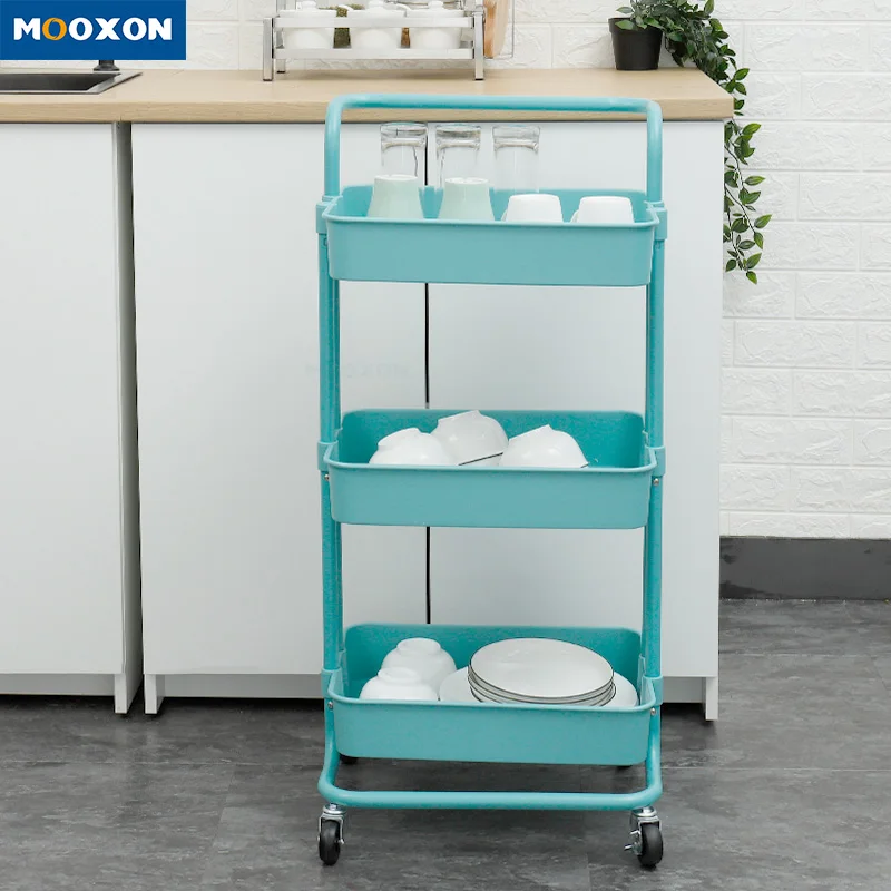 

Carbon Steel Rolling Stand Rack Bathroom Organizers Shelves Cart Kitchen Storage Trolley, Black/white/blue/pink