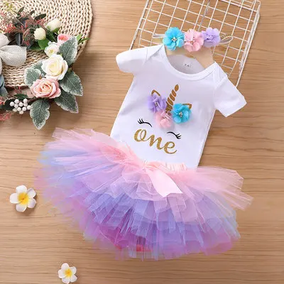 

3PCS Unicorn Outfit Newborn Baby Girls 1st Birthday Romper + Tutu Skirt Dress + Headband Clothing Set