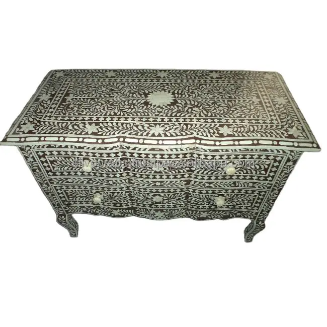 Indian & Moroccan Style Camel Bone Inlay Sideboard & Drawer Chest Cabinet (Bone & Mother of Pearl Inlay Furniture from India)