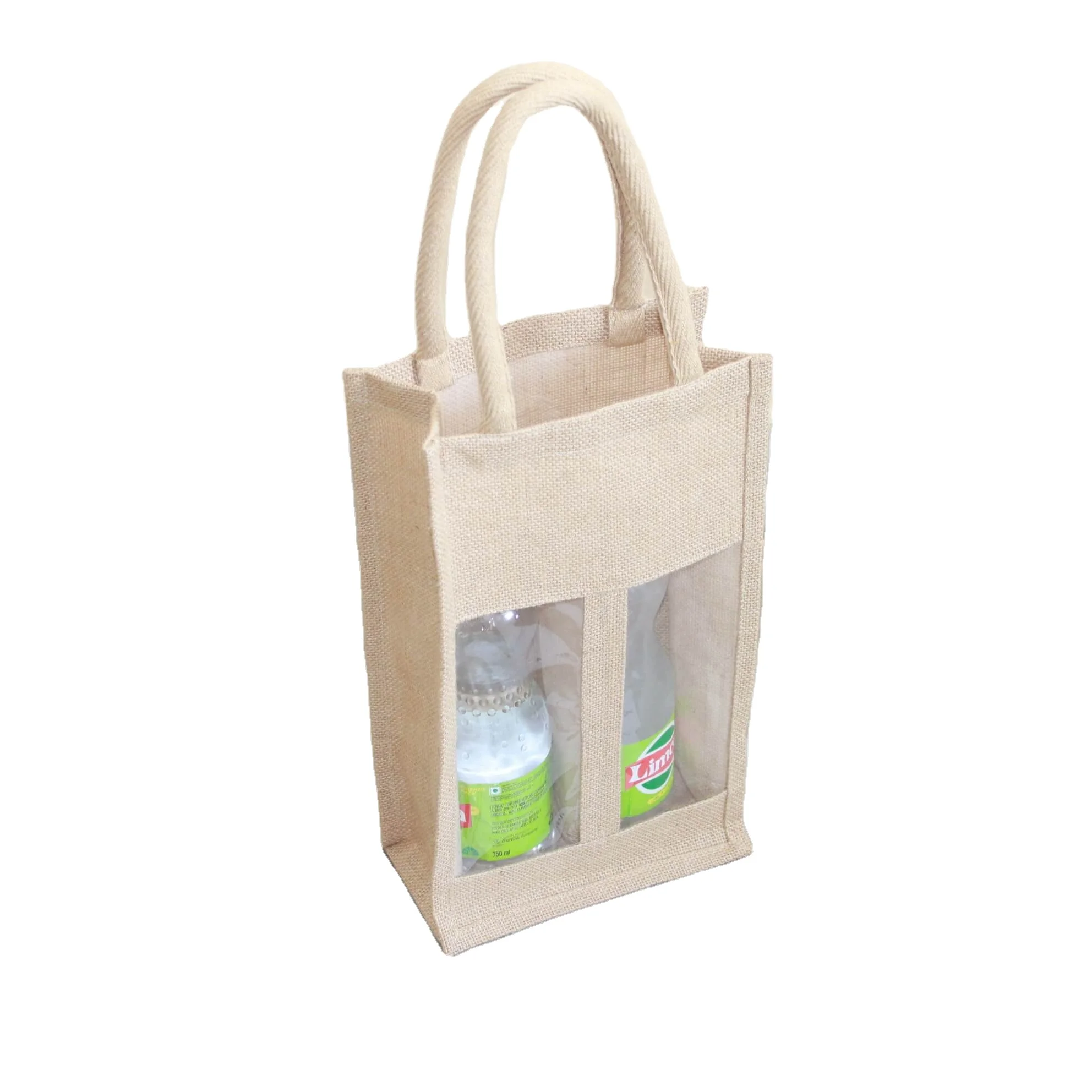 Two Bottle Wine Bag with front Transparent window main material used to construct the bag is JUTE