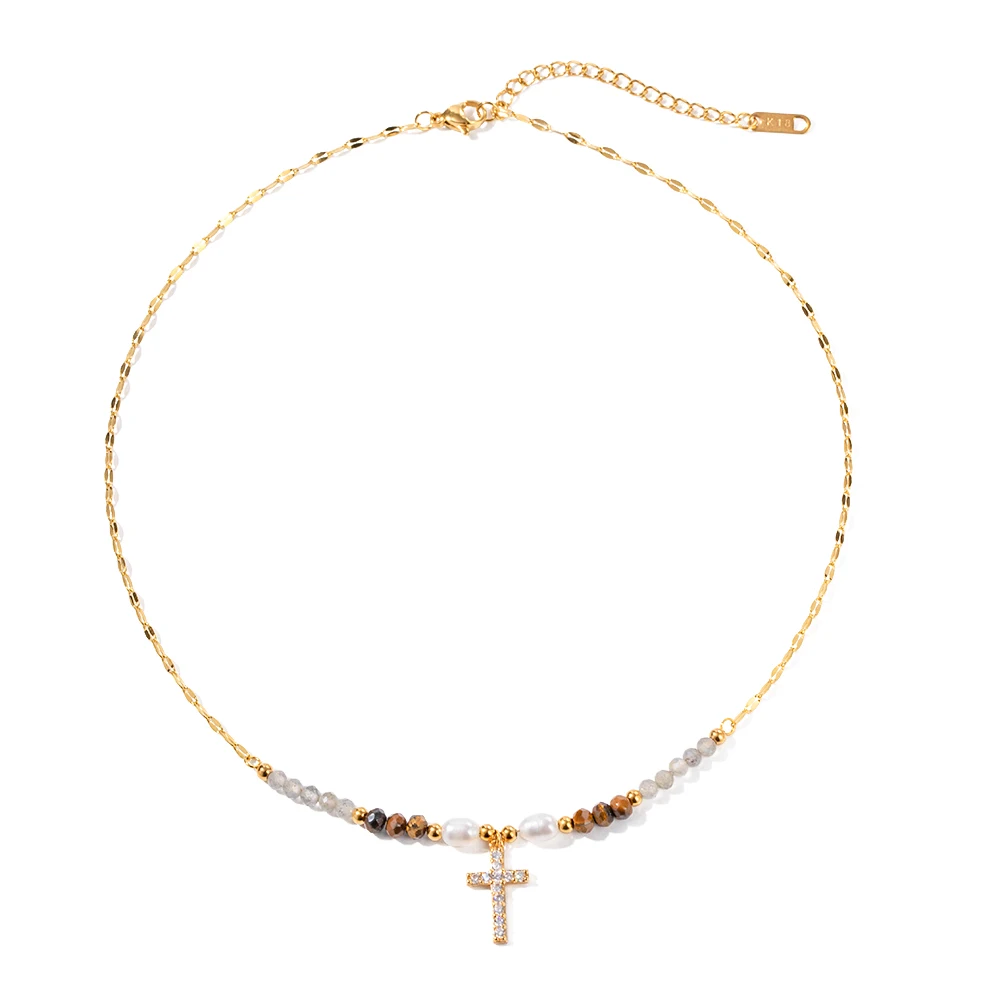 Ins Bohemian 18K Gold Plated Gemstone Fresh Water Pearl Zirconia Cross Beaded Pendant Necklace for Girls
Ins Bohemian 18K Gold Plated Gemstone Fresh Water Pearl Zirconia Cross Beaded Pendant Necklace for Girls