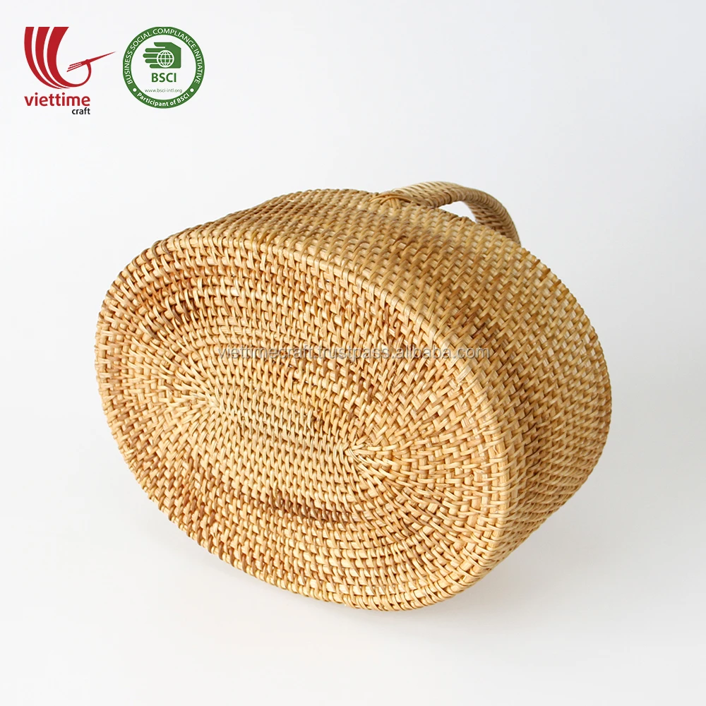handwoven wicker rattan picnic basket with handle / storage hand