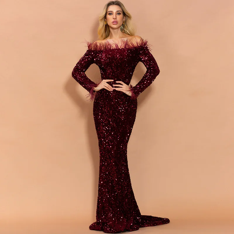 Elegant Long Sleeve Prom Dress 2022 Off-shoulder Feather Wedding Party Dress Banquet Evening Dress Women, As picture
Elegant Long Sleeve Prom Dress 2022 Off-shoulder Feather Wedding Party Dress Banquet Evening Dress Women, As picture