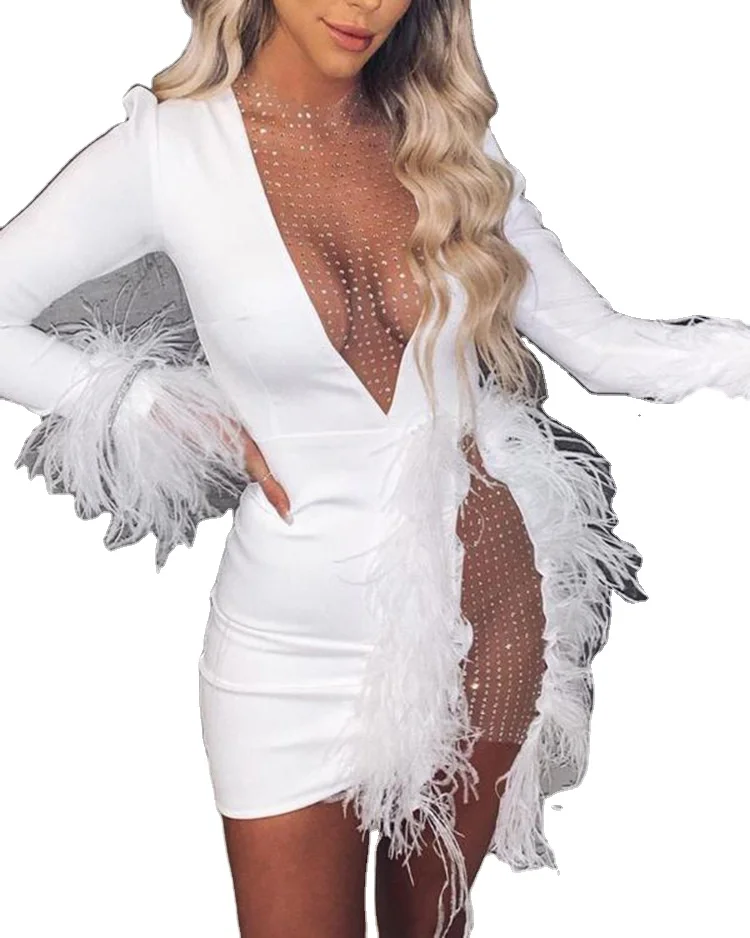 Women Fall Winter Evening Clothes White Long Sleeve Feather Clubwear Dresses High Split Transparent Mesh Feather Dresses
Women Fall Winter Evening Clothes White Long Sleeve Feather Clubwear Dresses High Split Transparent Mesh Feather Dresses