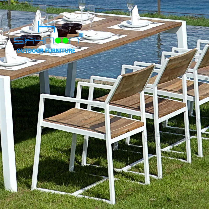 Lüks modern tik 8 kişilik masa ve sandalyeler bahçe ahşap alüminyum tik dış mekan mobilyası (61005)