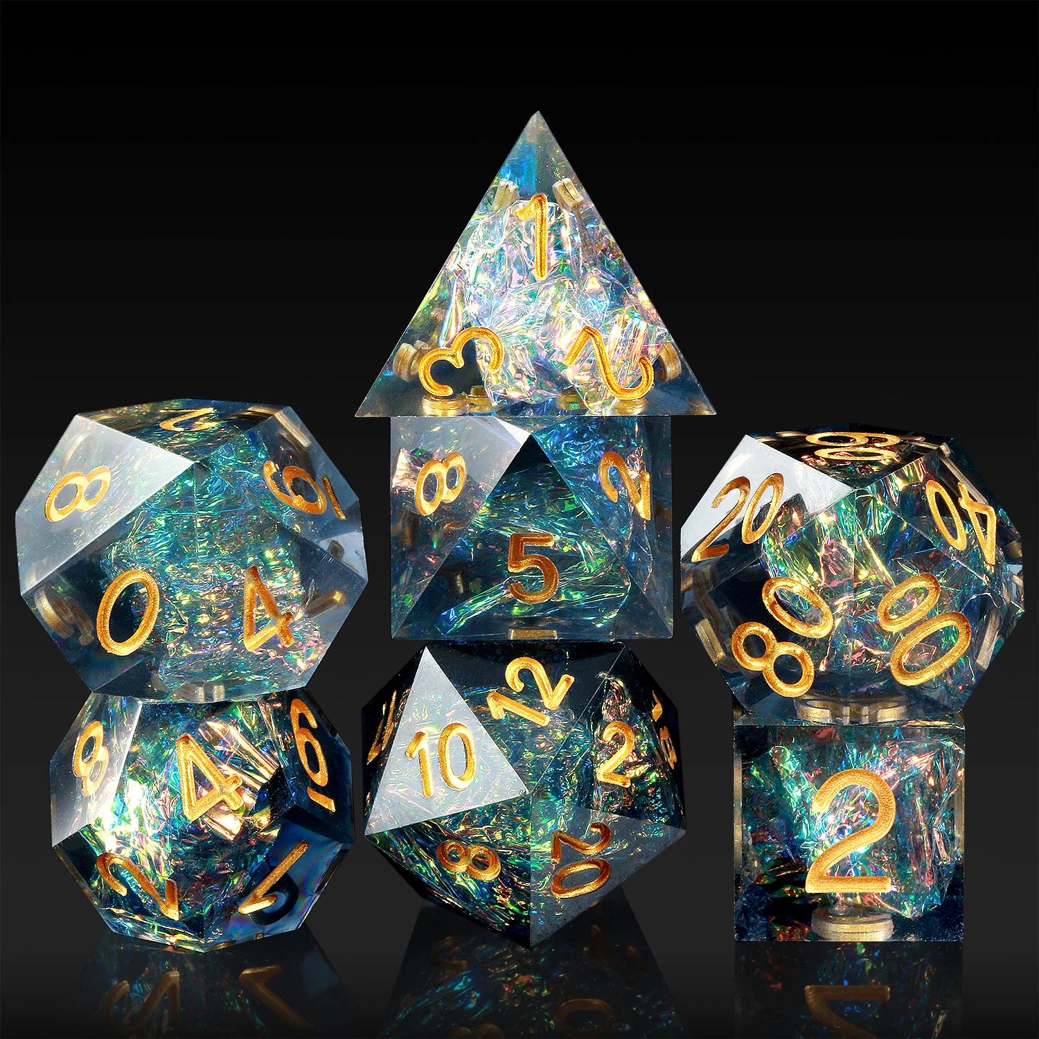 

wholesale sharp dice role-playing game dark cyan clear resin with copper foil custom sharp edge dice set for DND