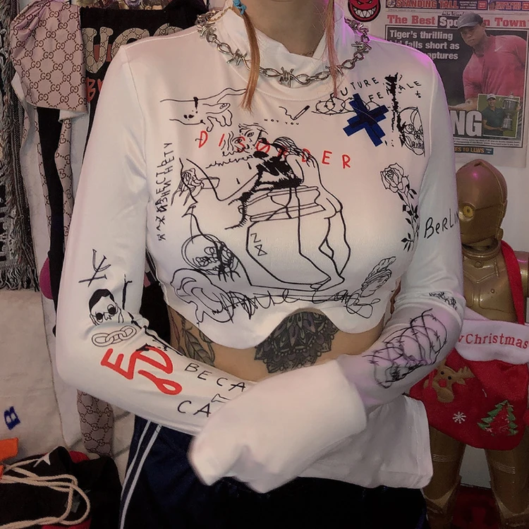 Sexy Printed High Neck Shirt Long Sleeve White Women Tops Fashionable Street Wear Ladies Crop Top Woman
Sexy Printed High Neck Shirt Long Sleeve White Women Tops Fashionable Street Wear Ladies Crop Top Woman