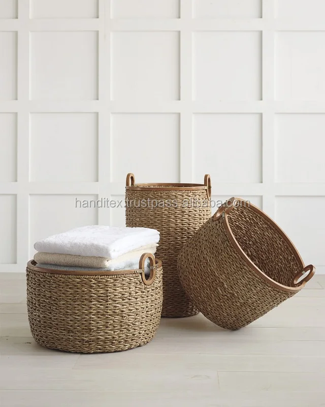 new products 2020 seagrass baskets with wooden handle for laundy