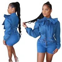 C91691 two piece denim tracksuit two piece bow tie denim set for women casual longsleeves coat with short pant fall clothing
C91691 two piece denim tracksuit two piece bow tie denim set for women casual longsleeves coat with short pant fall clothing