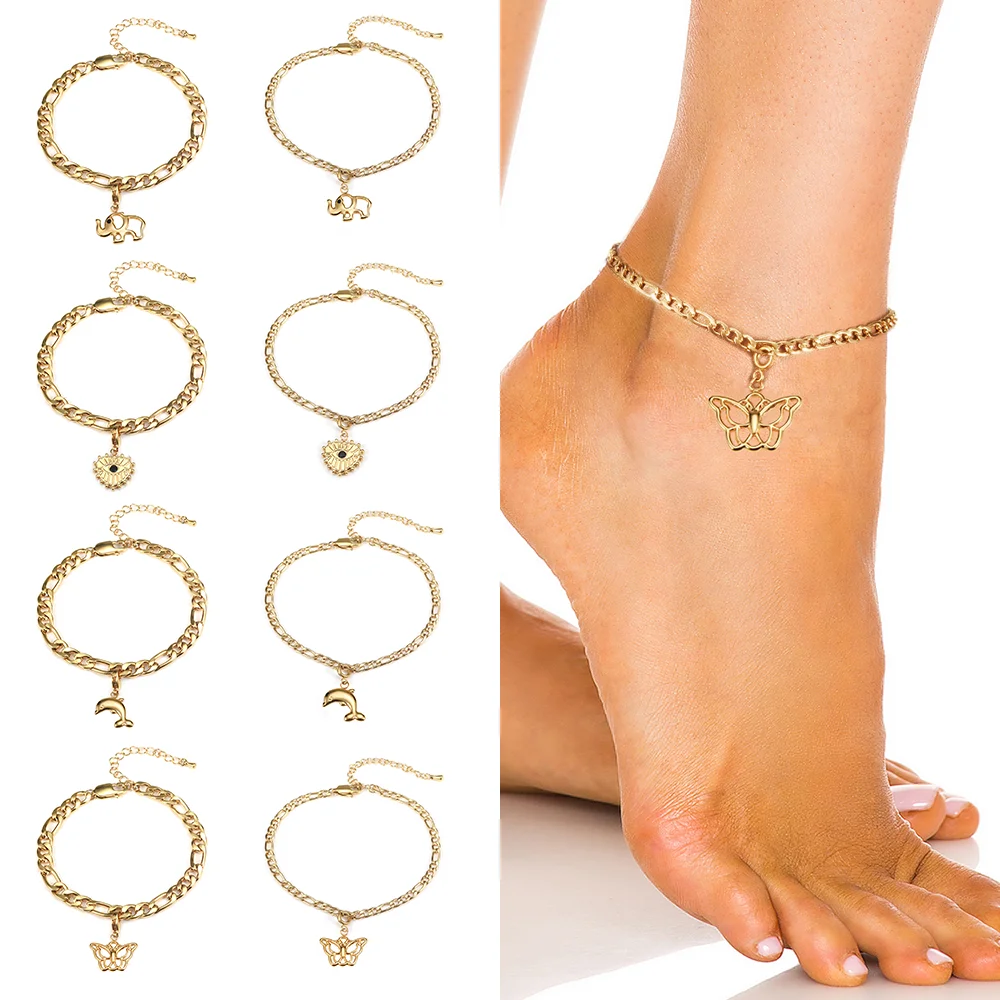 

Wholesale Woman Evil Eye Elephant 24k Gold Plated Ankle Bracelet Jewelry Stainless Steel Costume Cuban Link Butterfly Anklet