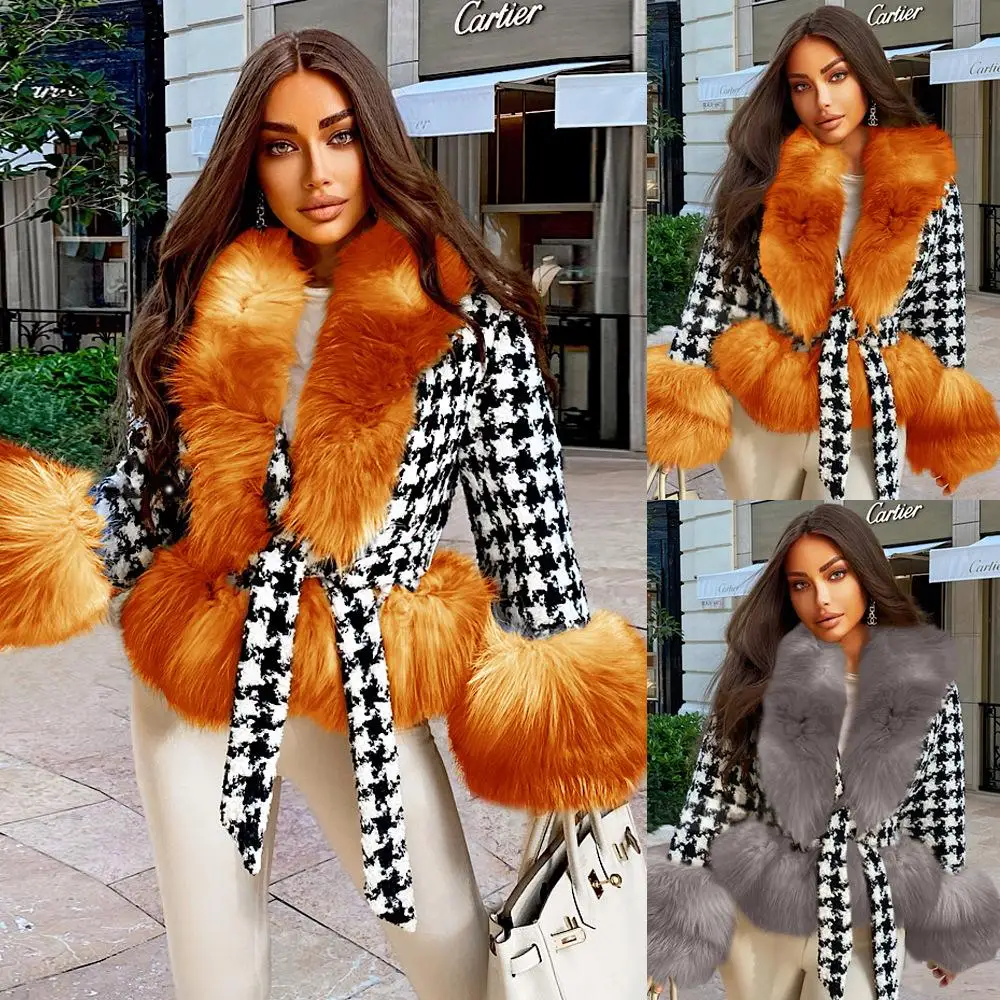 Winter Luxury Women Houndstooth Fur Coat Large Fur Collar Cotton Lined Overcoat With Belt
Winter Luxury Women Houndstooth Fur Coat Large Fur Collar Cotton Lined Overcoat With Belt