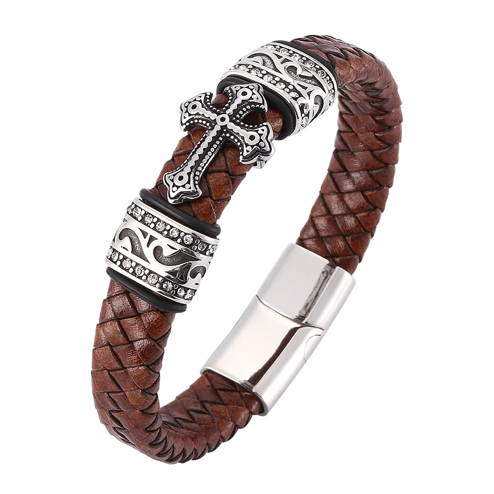 Rock Punk Bracelet Jewelry Men Brown Braided Leather Cross Bracelet With Zircon Stainless Steel Magnetic Bangle SP0083
Rock Punk Bracelet Jewelry Men Brown Braided Leather Cross Bracelet With Zircon Stainless Steel Magnetic Bangle SP0083