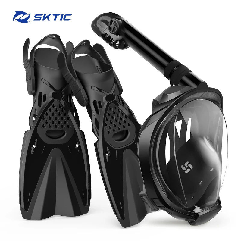 

SKTIC Wholesale PC Black Diving Mask Full Face 180 View Snorkeling Mask Dry Top Snokel Diving Fins Snorkeling Fins Combo Set