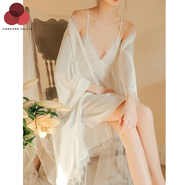

Spring women's thin ice silk nightgown morning gown sexy lace bathrobe suspender nightdress two piece set
