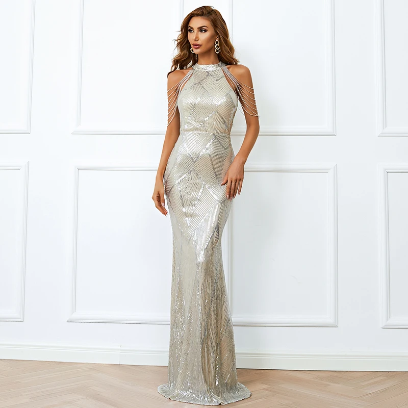 Sleeveless Halter Tassel Maxi Evening Dress Sequins Party Gowns Mermaid Wedding Evening Dress, As picture
Sleeveless Halter Tassel Maxi Evening Dress Sequins Party Gowns Mermaid Wedding Evening Dress, As picture
